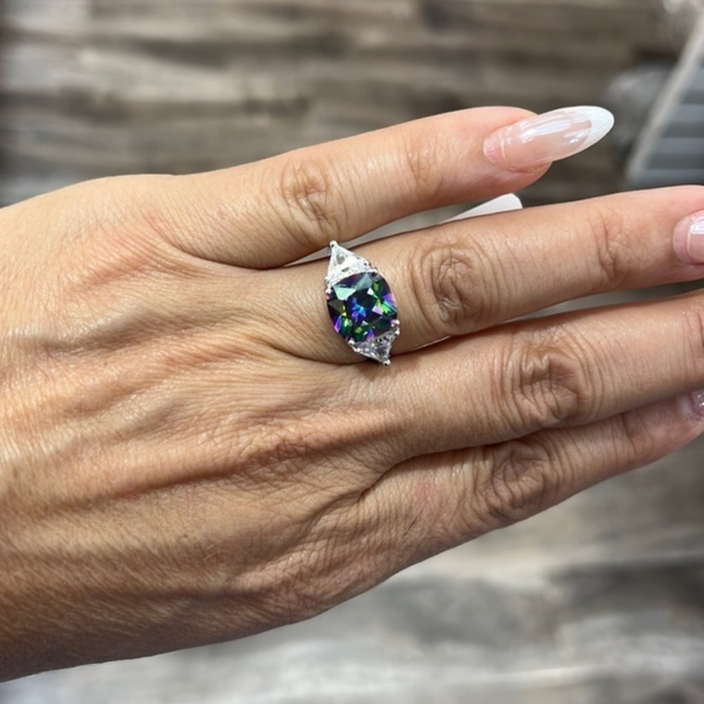 Sterling Silver mystic topaz CZ cushion cut Engagement Ring anniversary Ring